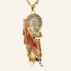 San Judas Tadeo rose gold robe pendant, full figure with staff and halo