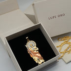 San Judas Tadeo rose gold robe necklace in the Lupe Oro gift box with pouch