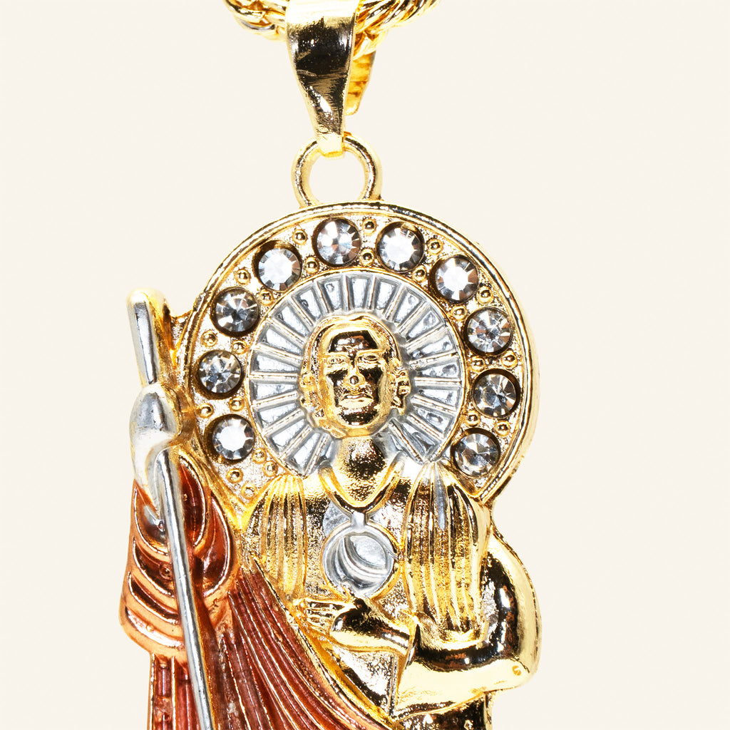 San Judas Tadeo rose gold robe pendant close-up of the halo, face and bail