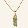 San Judas Tadeo iced, túnica de circonias verdes, en cadena torzal con baño de oro, vista completa del collar