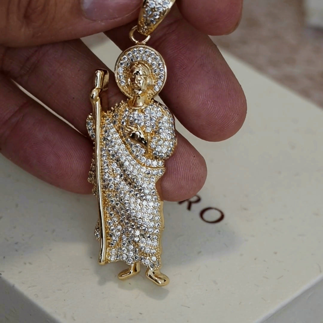 San Judas Tadeo white CZ figure pendant on the Lupe Oro gift box