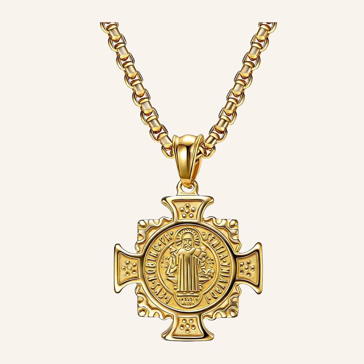 San Benito Wide Cross Necklace – Medallion Center, Box Chain