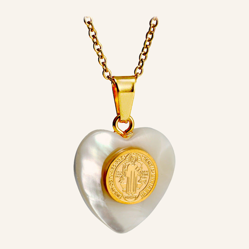 San Benito Heart Necklace – Pearly White Heart, Gold Medal