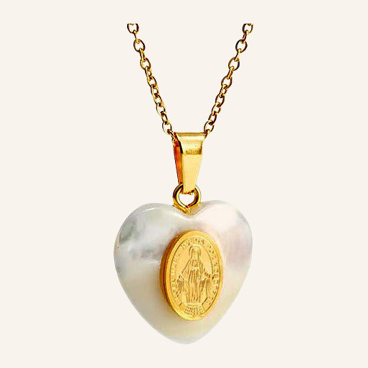 San Benito Heart Necklace – Pearly White Heart, Gold Medal – 4