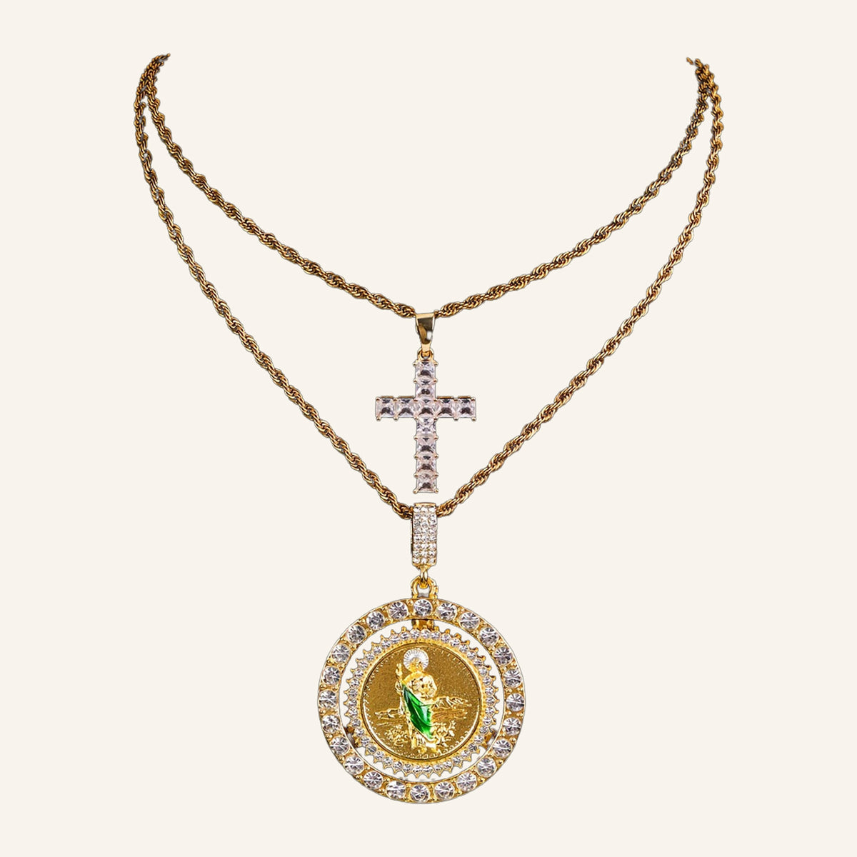 San Judas Tadeo & Cross Two-Necklace Set – CZ, Rope Chains