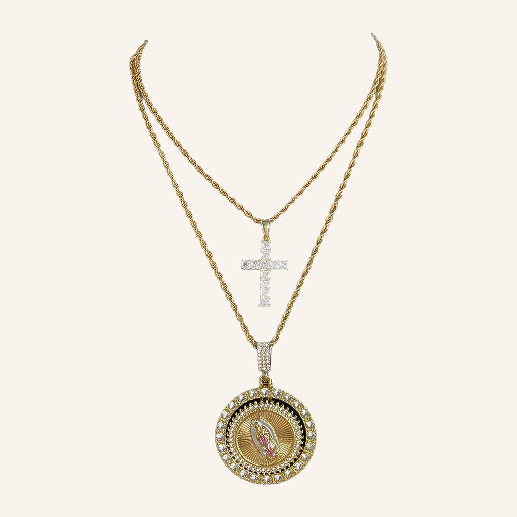 San Judas Tadeo & Cross Two-Necklace Set – CZ, Rope Chains – 3