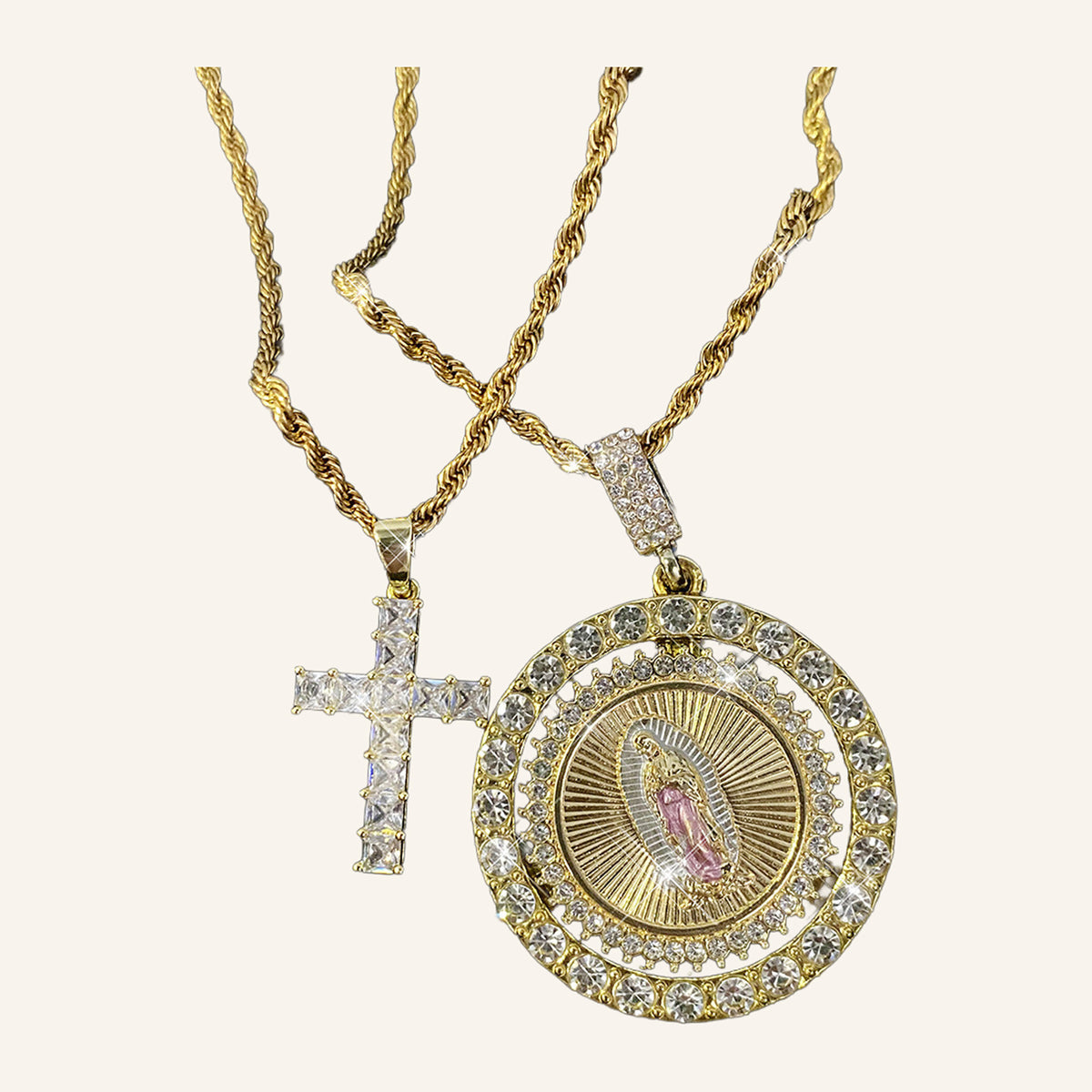 Cross & Medal Two-Necklace Set – CZ Cross, Round Medal, Rope Chains