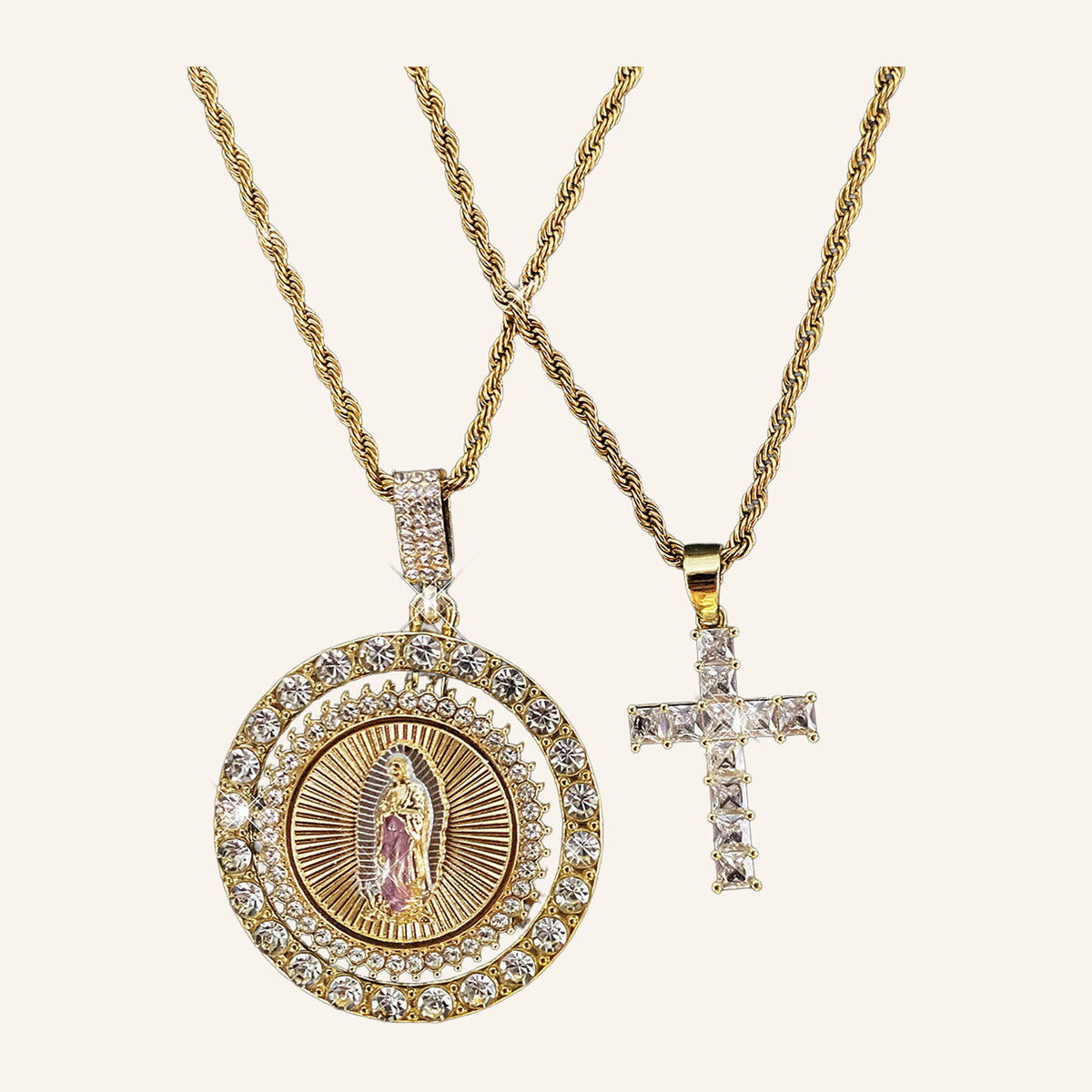 Cross & Medal Two-Necklace Set – CZ Cross, Round Medal, Rope Chains – 2