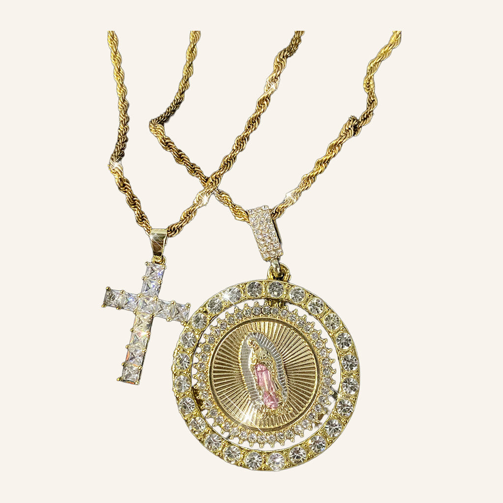 Cross & Medal Two-Necklace Set – CZ Cross, Round Medal, Rope Chains – 3