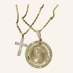 Cross & Medal Two-Necklace Set – CZ Cross, Round Medal, Rope Chains – 3