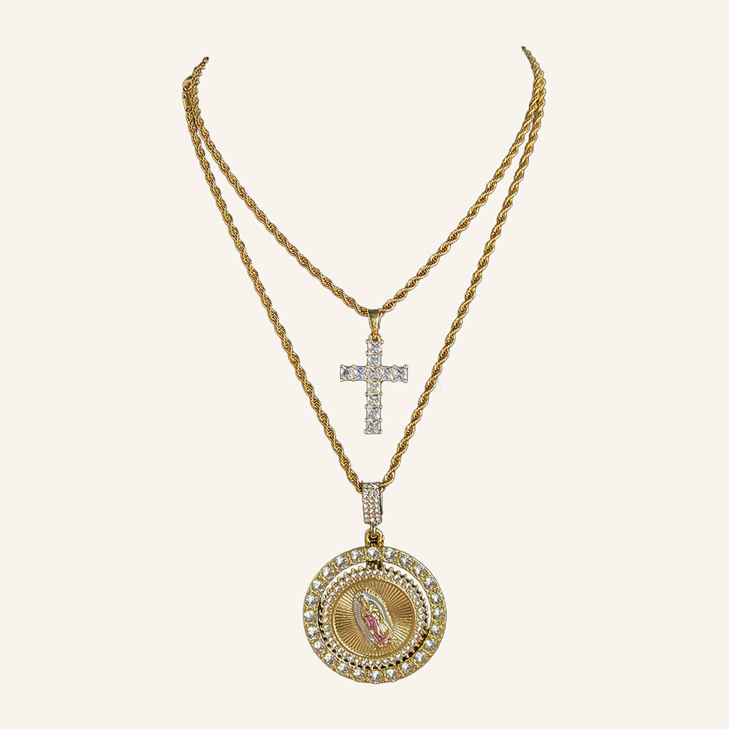 Cross & Medal Two-Necklace Set – CZ Cross, Round Medal, Rope Chains – 4
