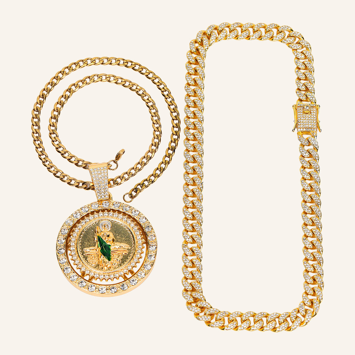 San Judas Tadeo Iced Medal Necklace – Green Enamel, CZ Cuban Chain – 4