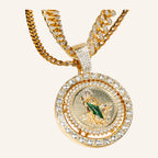 San Judas Tadeo Iced Medal Necklace – Green Enamel, CZ Cuban Chain