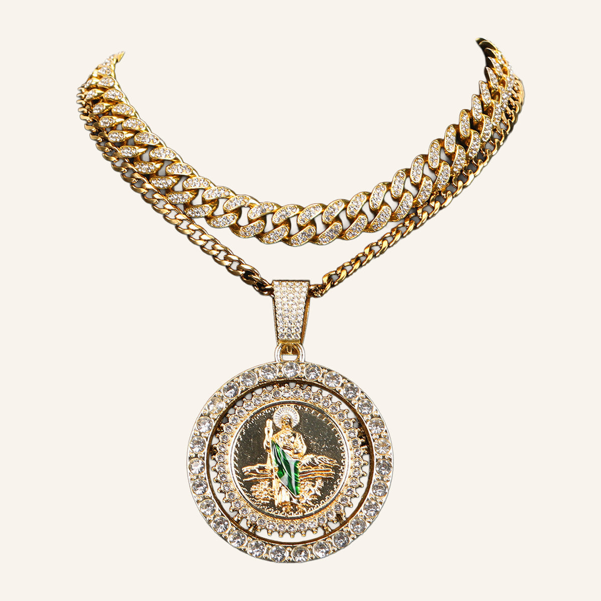 San Judas Tadeo Iced Medal Necklace – Green Enamel, CZ Cuban Chain – 2