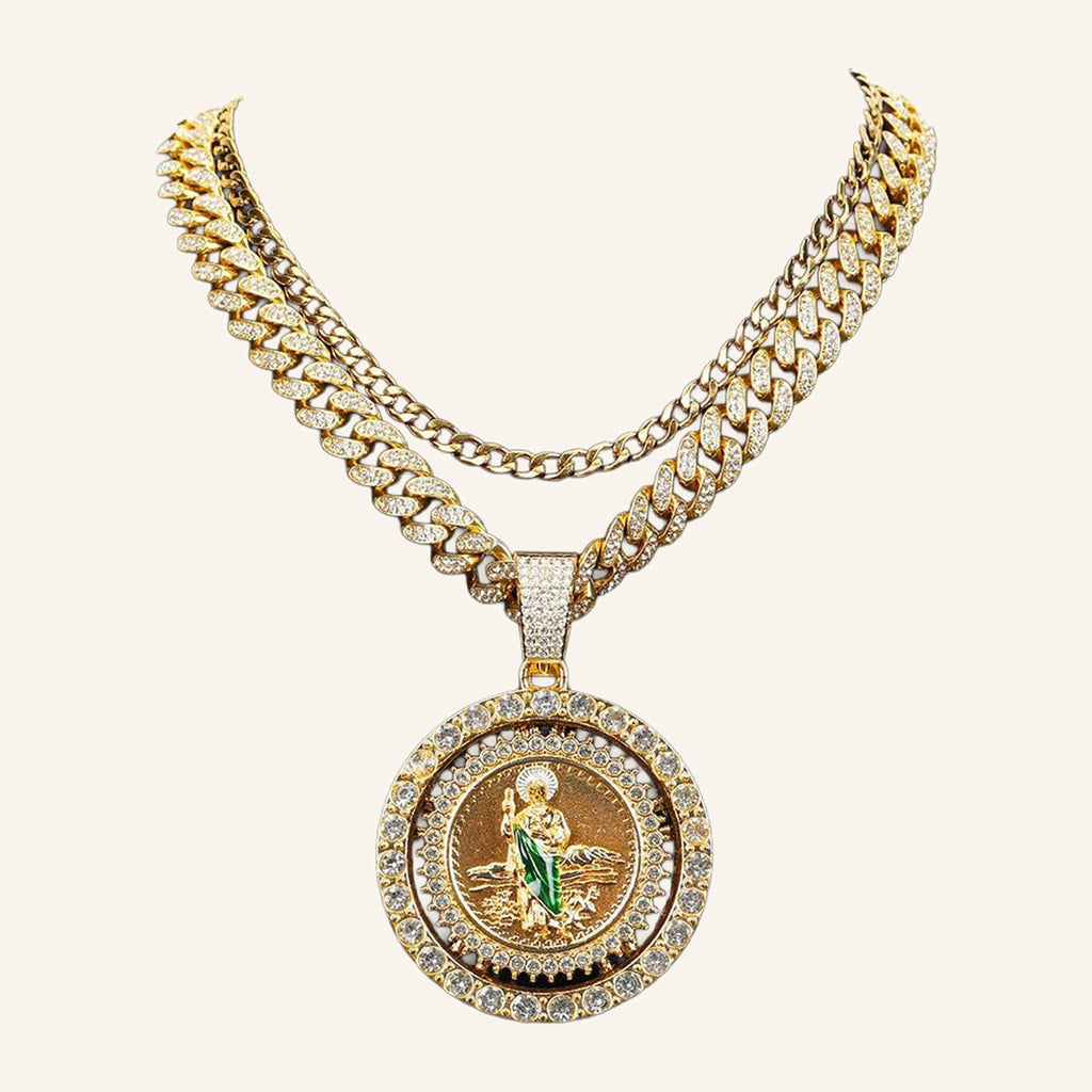 San Judas Tadeo Iced Medal Necklace – Green Enamel, CZ Cuban Chain – 3