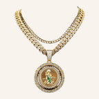 San Judas Tadeo Iced Medal Necklace – Green Enamel, CZ Cuban Chain – 3