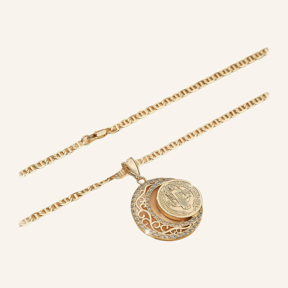 Round Medal Necklace – Openwork Crescent Frame, Gold Tone