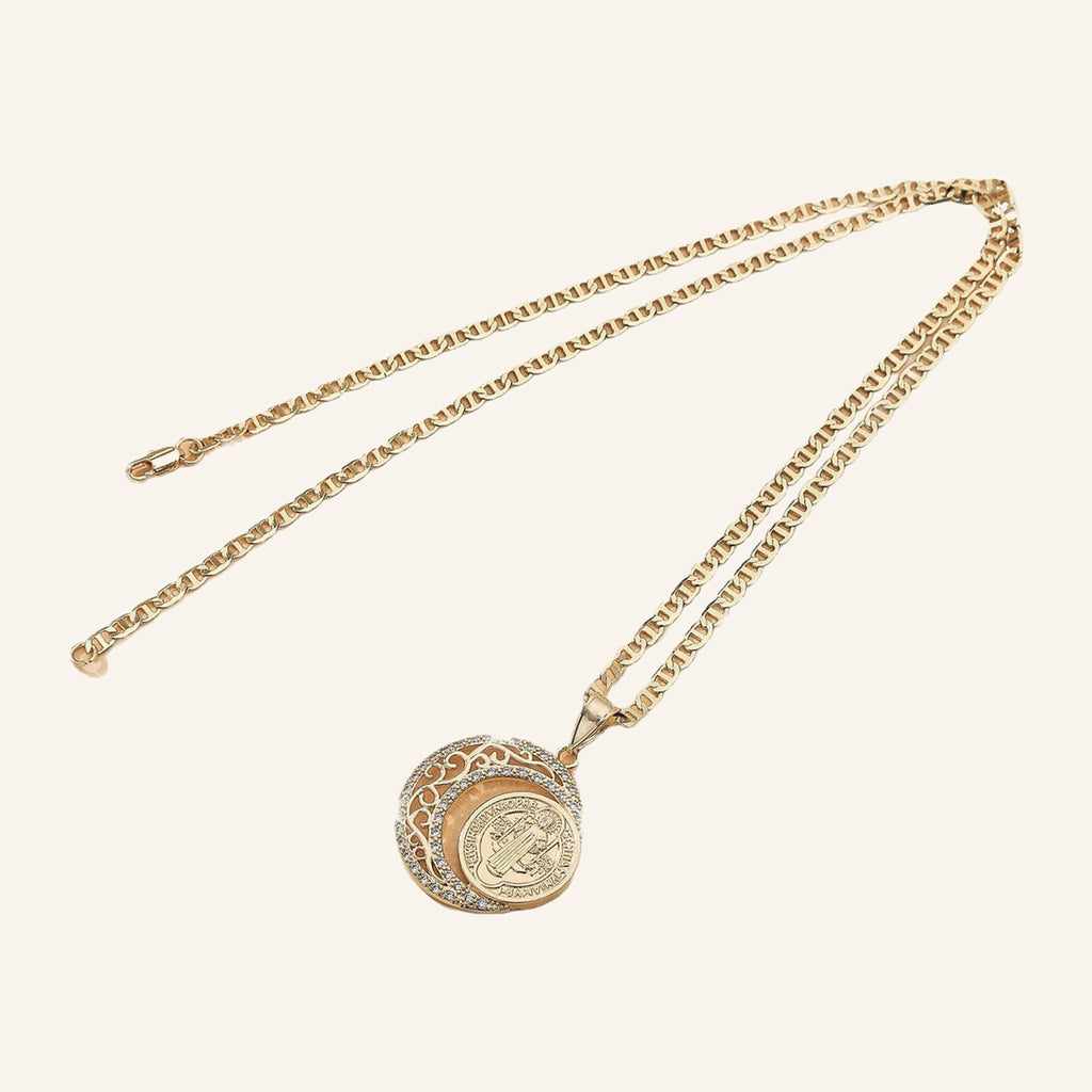 Round Medal Necklace – Openwork Crescent Frame, Gold Tone – 2