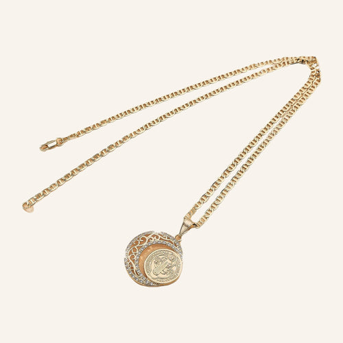 Round Medal Necklace – Openwork Crescent Frame, Gold Tone – 2
