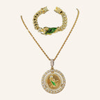San Judas Tadeo Set – CZ Ring Medal on Rope Chain & Iced Cuban Bracelet
