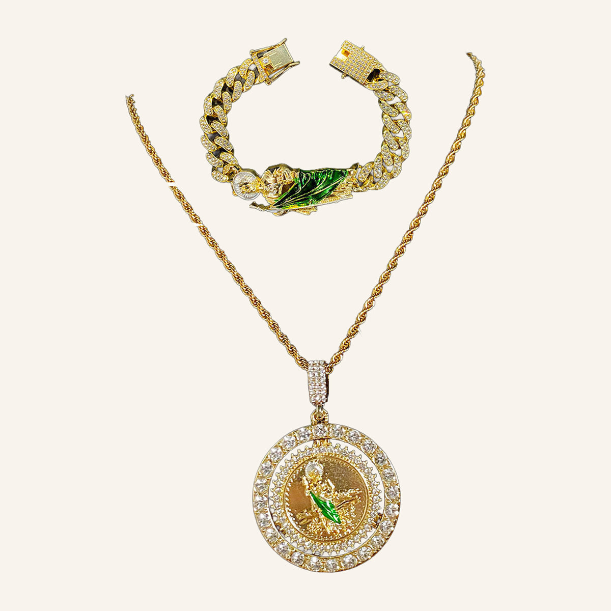 San Judas Tadeo Set – CZ Ring Medal on Rope Chain & Iced Cuban Bracelet