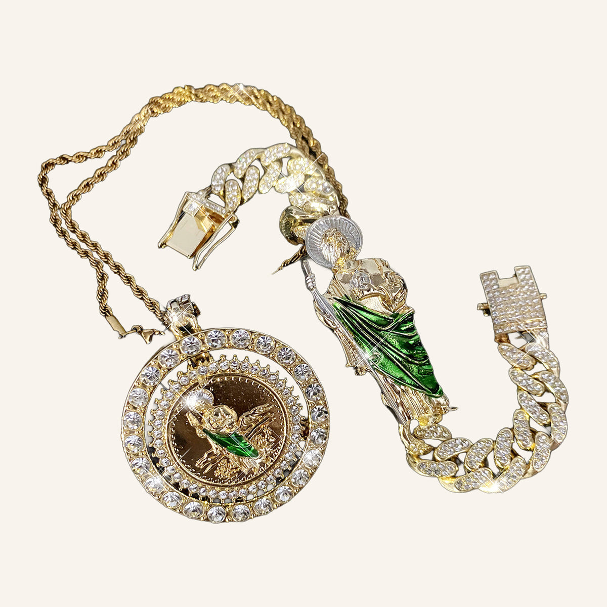San Judas Tadeo Set – CZ Ring Medal on Rope Chain & Iced Cuban Bracelet – 4