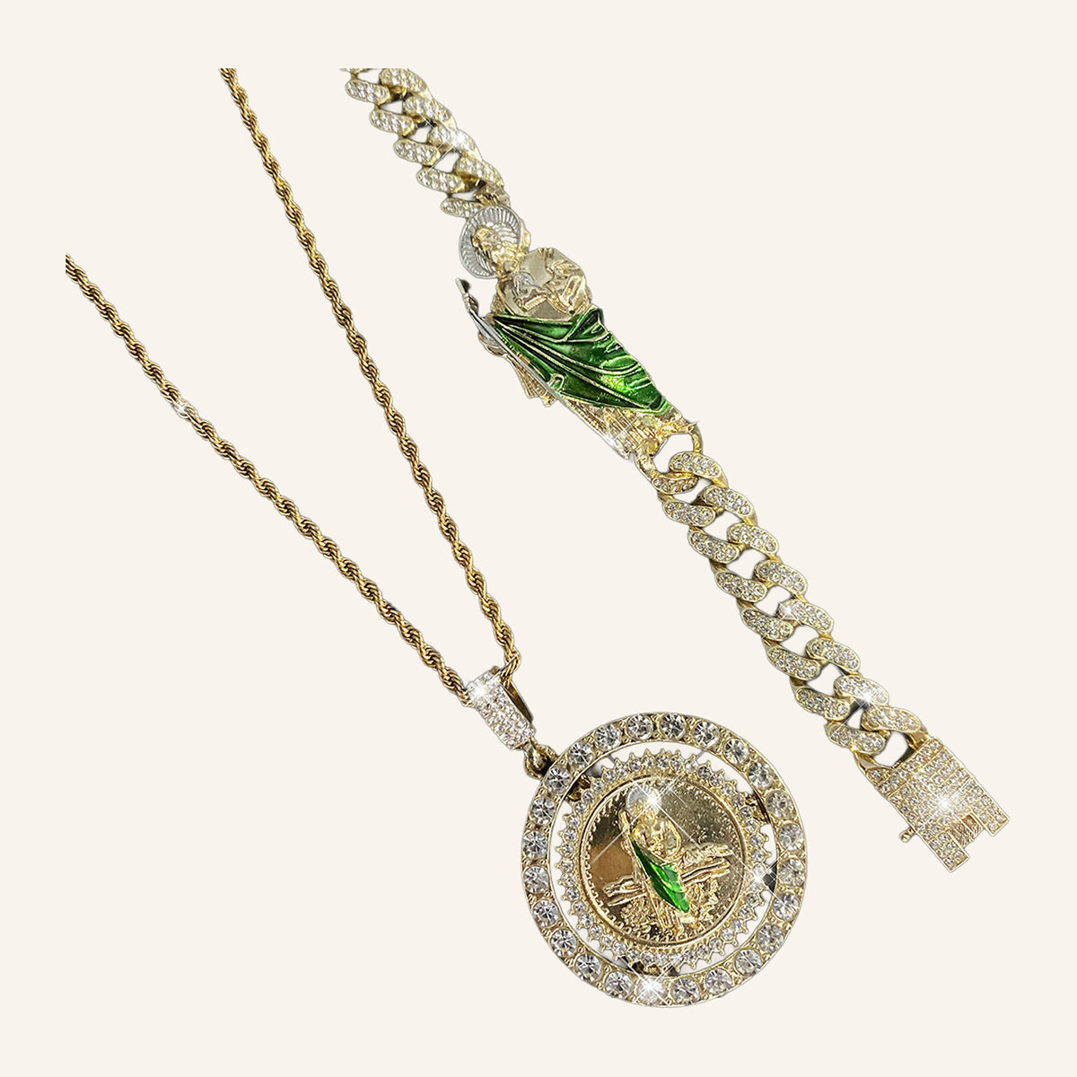 San Judas Tadeo Set – CZ Ring Medal on Rope Chain & Iced Cuban Bracelet – 2
