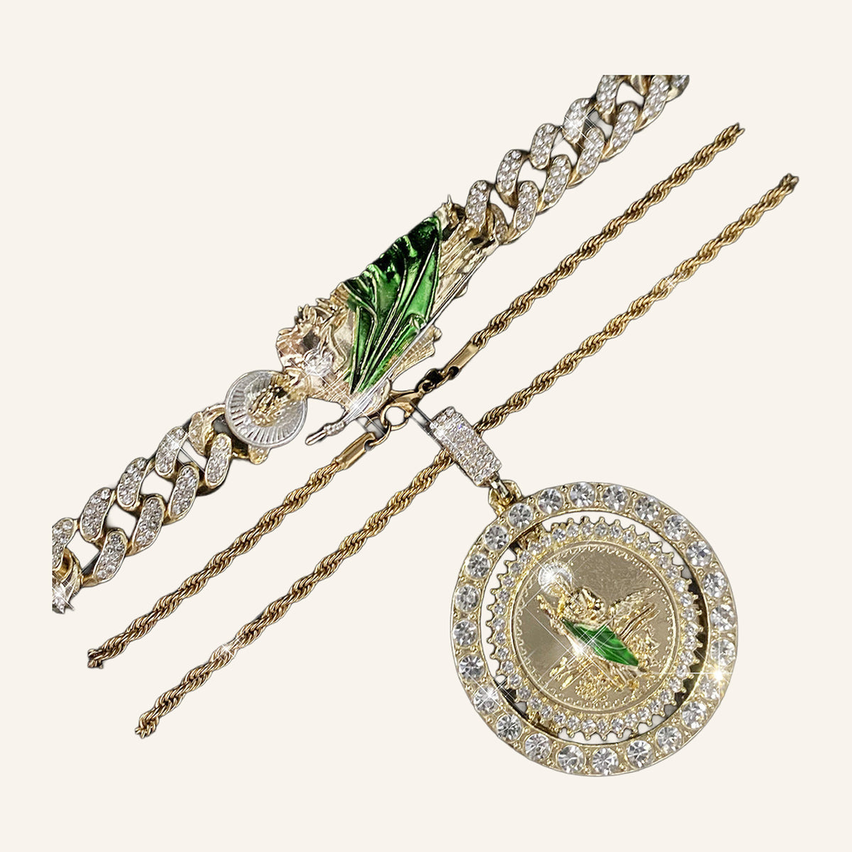 San Judas Tadeo Set – CZ Ring Medal on Rope Chain & Iced Cuban Bracelet – 3