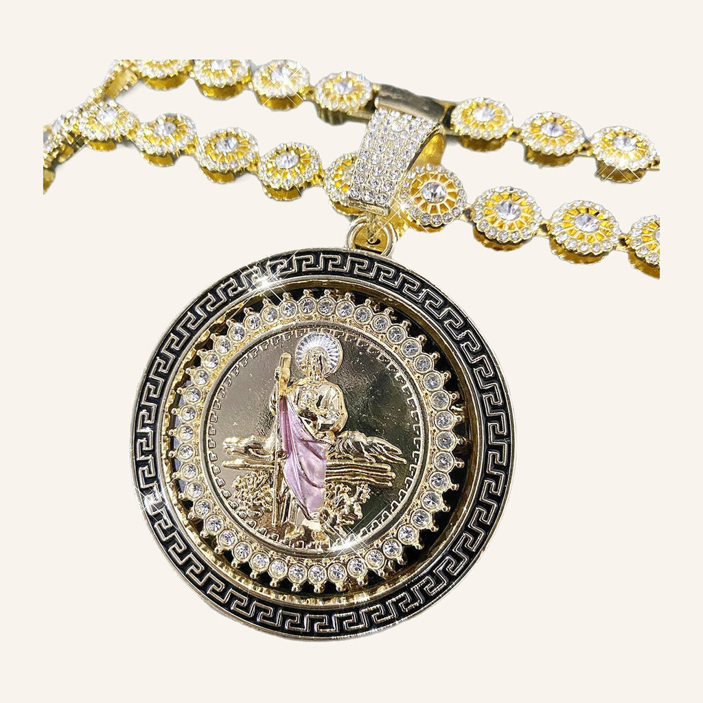 San Judas Tadeo Pink Robe Medal Necklace – Greek Key Border, CZ Chain