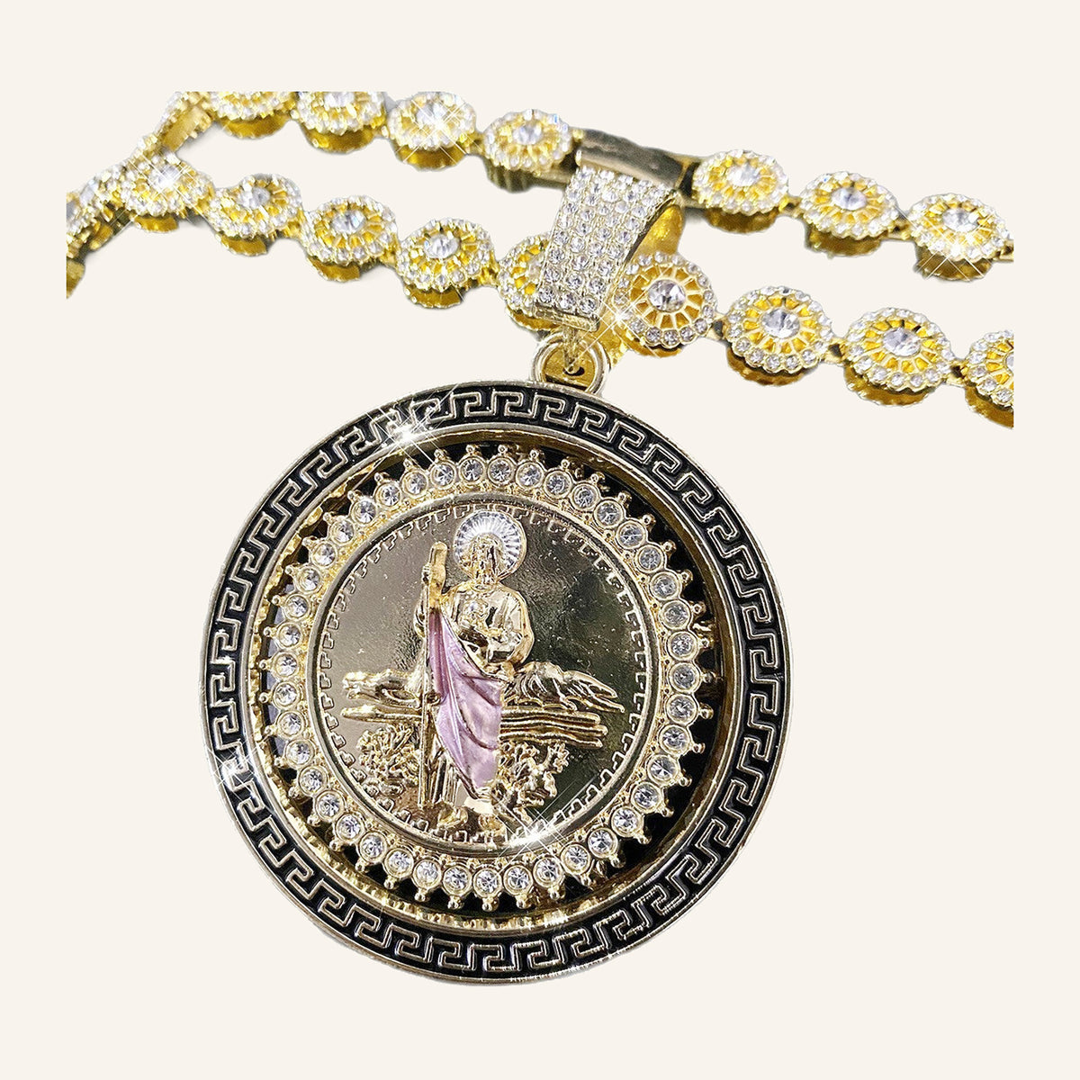San Judas Tadeo Pink Robe Medal Necklace – Greek Key Border, CZ Chain