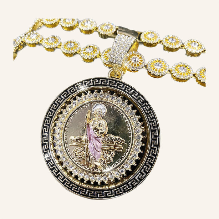 San Judas Tadeo Pink Robe Medal Necklace – Greek Key Border, CZ Chain