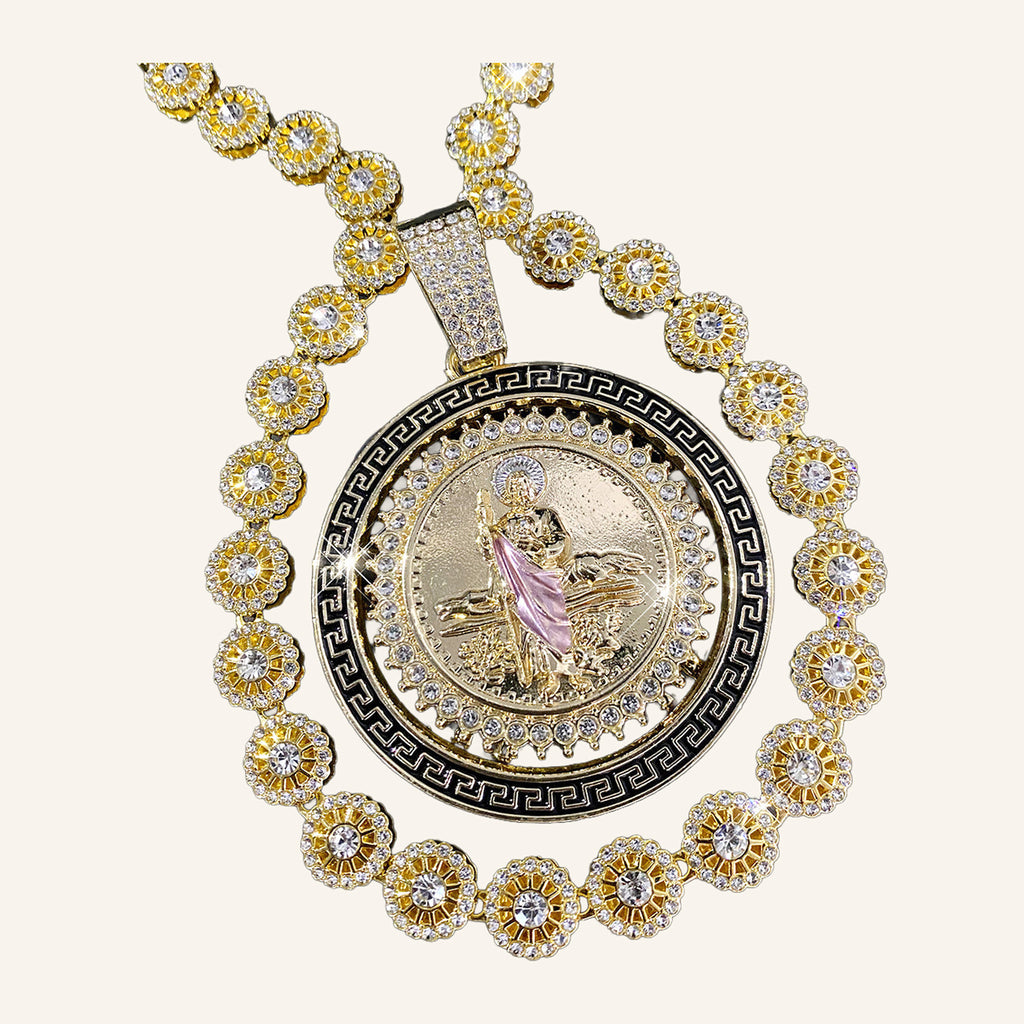 San Judas Tadeo Pink Robe Medal Necklace – Greek Key Border, CZ Chain – 3