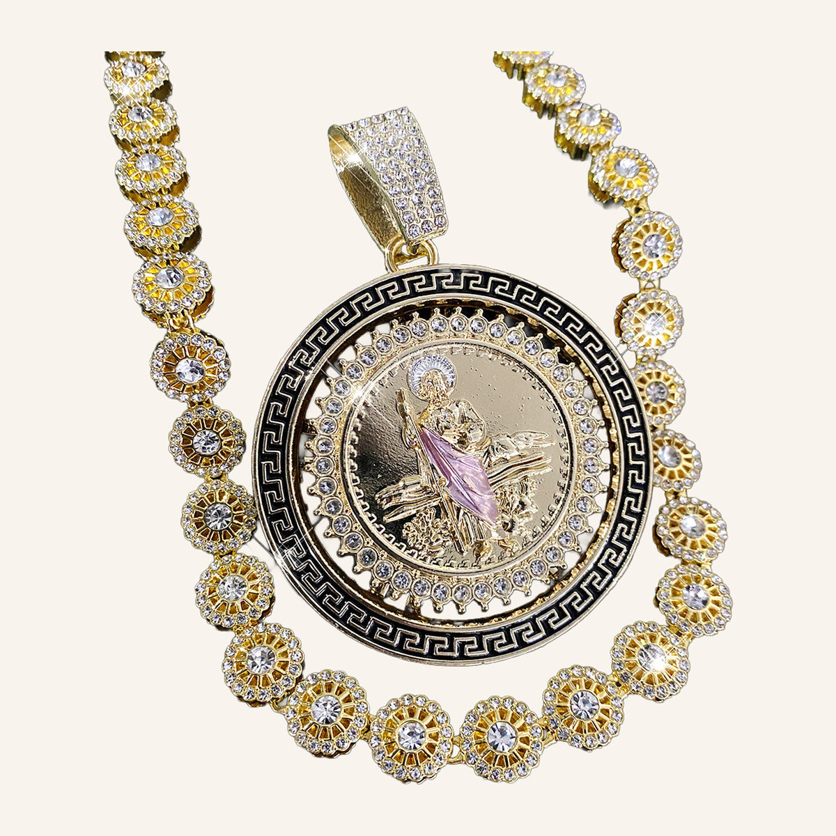 San Judas Tadeo Pink Robe Medal Necklace – Greek Key Border, CZ Chain – 2