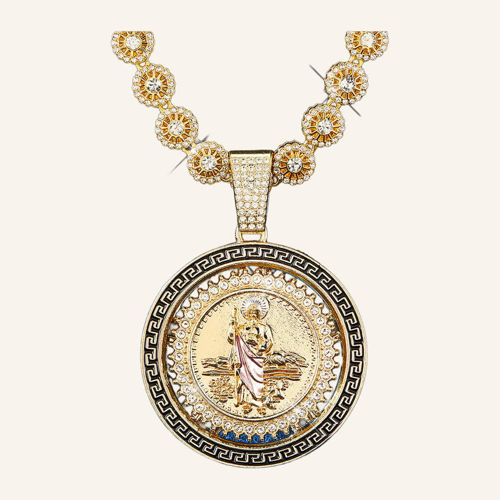 San Judas Tadeo Pink Robe Medal Necklace – Greek Key Border, CZ Chain – 4