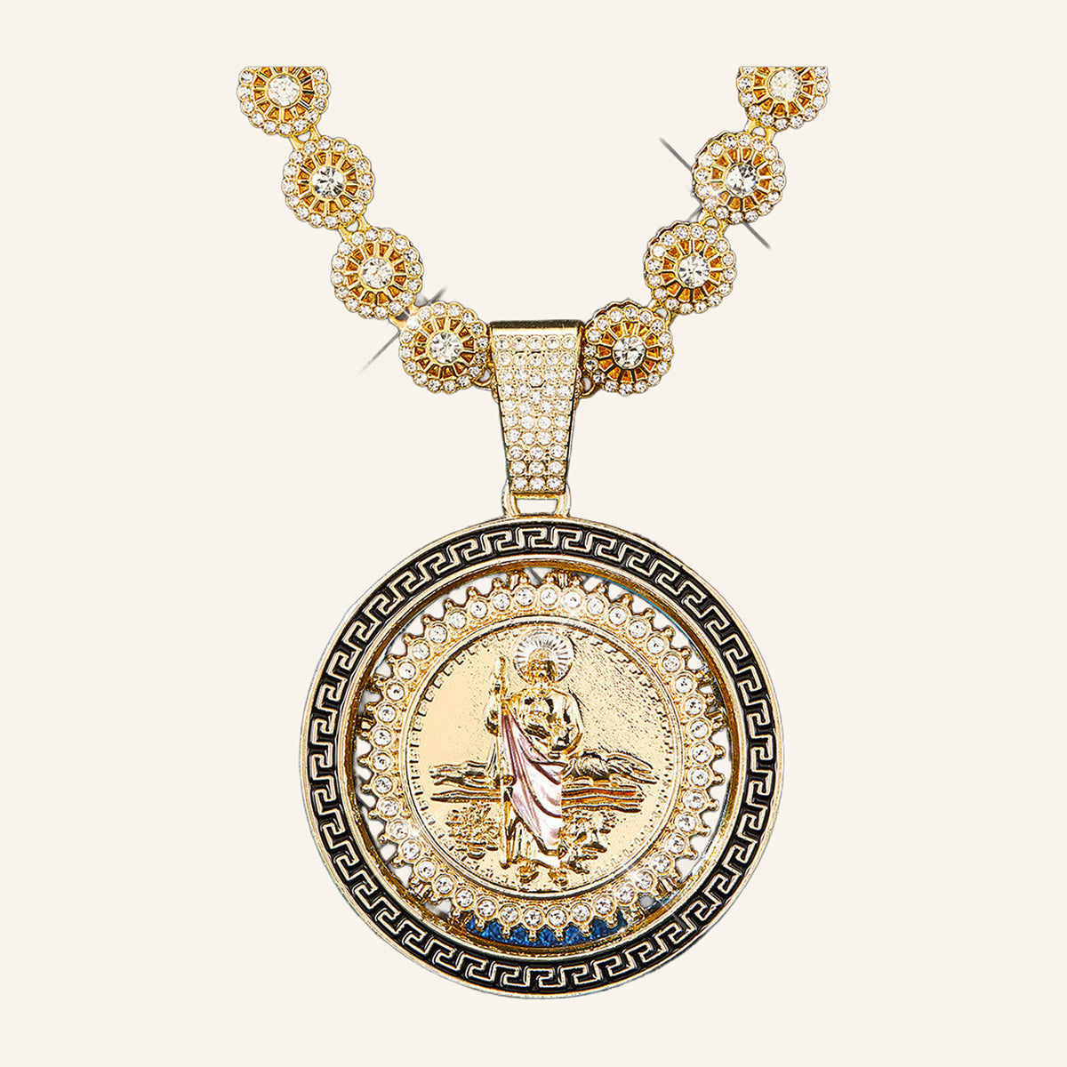 San Judas Tadeo Pink Robe Medal Necklace – Greek Key Border, CZ Chain – 4