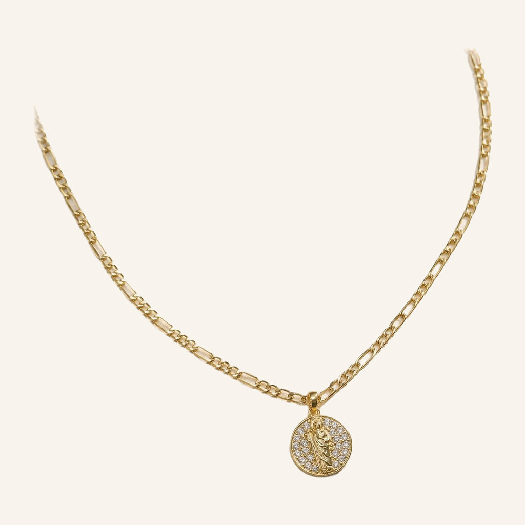 Small Round Medal Necklace – Raised Image, Fine Figaro Chain