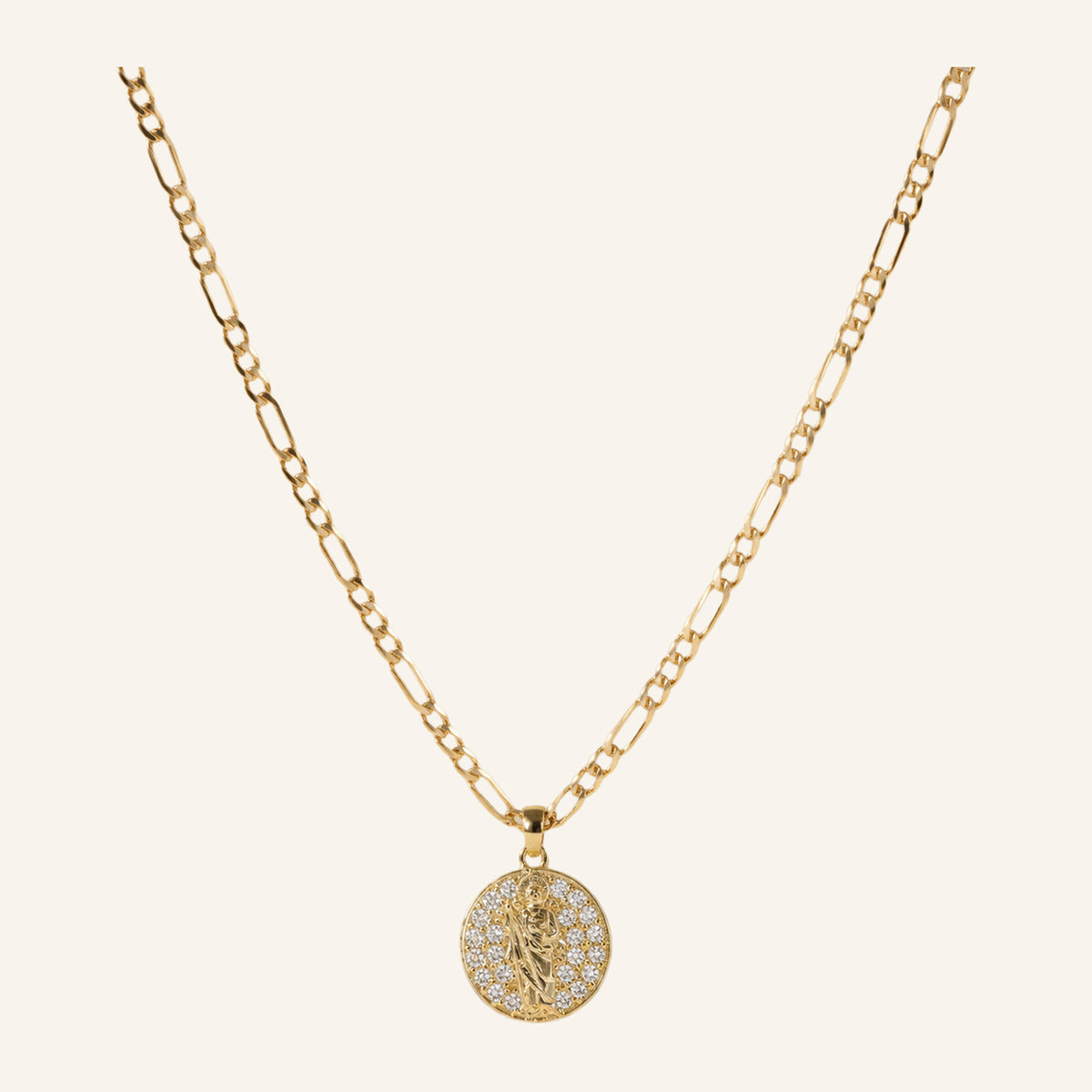 Small Round Medal Necklace – Raised Image, Fine Figaro Chain – 4
