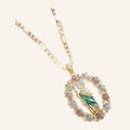 San Judas Tadeo Floral Frame Necklace – Rose & White Flowers, Figaro Chain