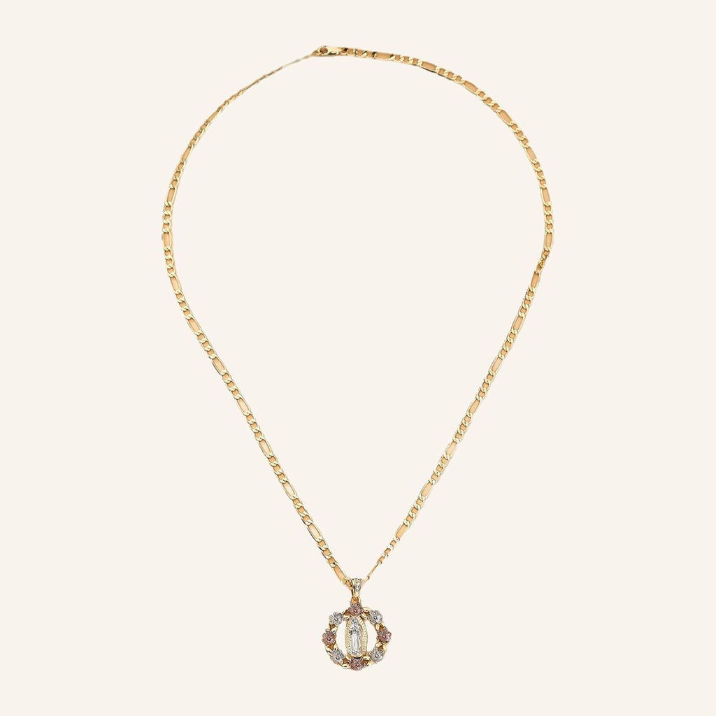 San Judas Tadeo Floral Frame Necklace – Rose & White Flowers, Figaro Chain – 4