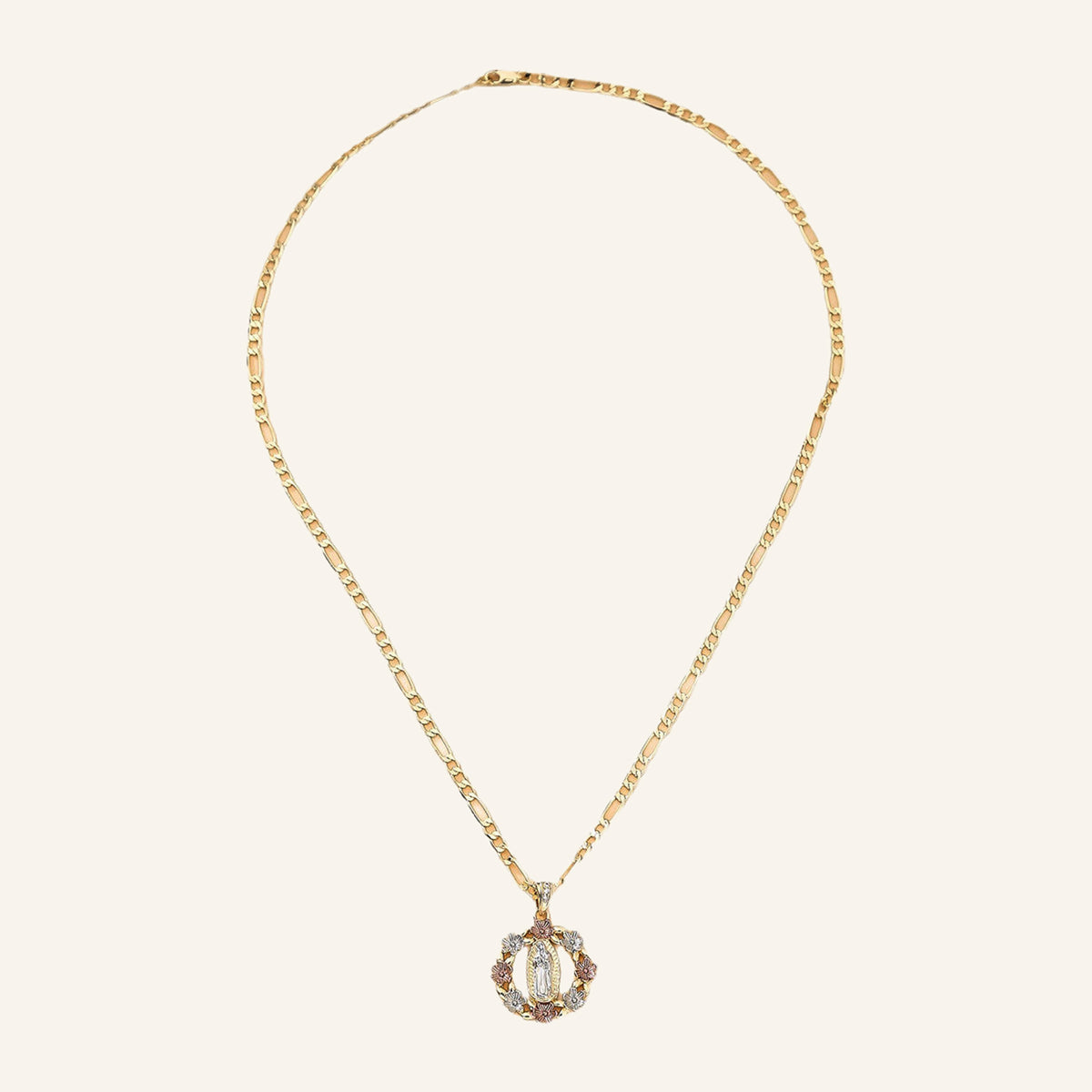 San Judas Tadeo Floral Frame Necklace – Rose & White Flowers, Figaro Chain – 4