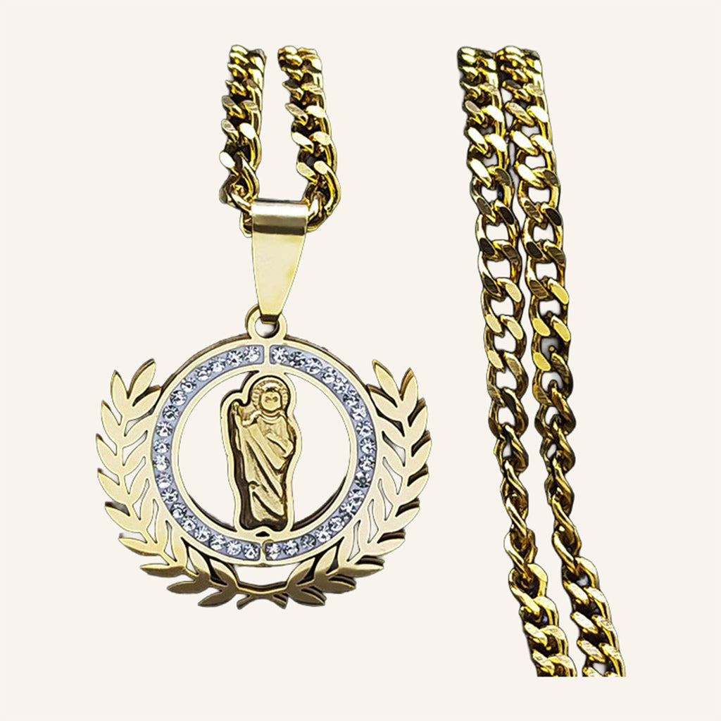 San Judas Tadeo Laurel Wreath Necklace – CZ Ring, Cuban Link Chain