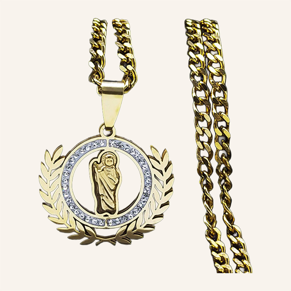 San Judas Tadeo Laurel Wreath Necklace – CZ Ring, Cuban Link Chain