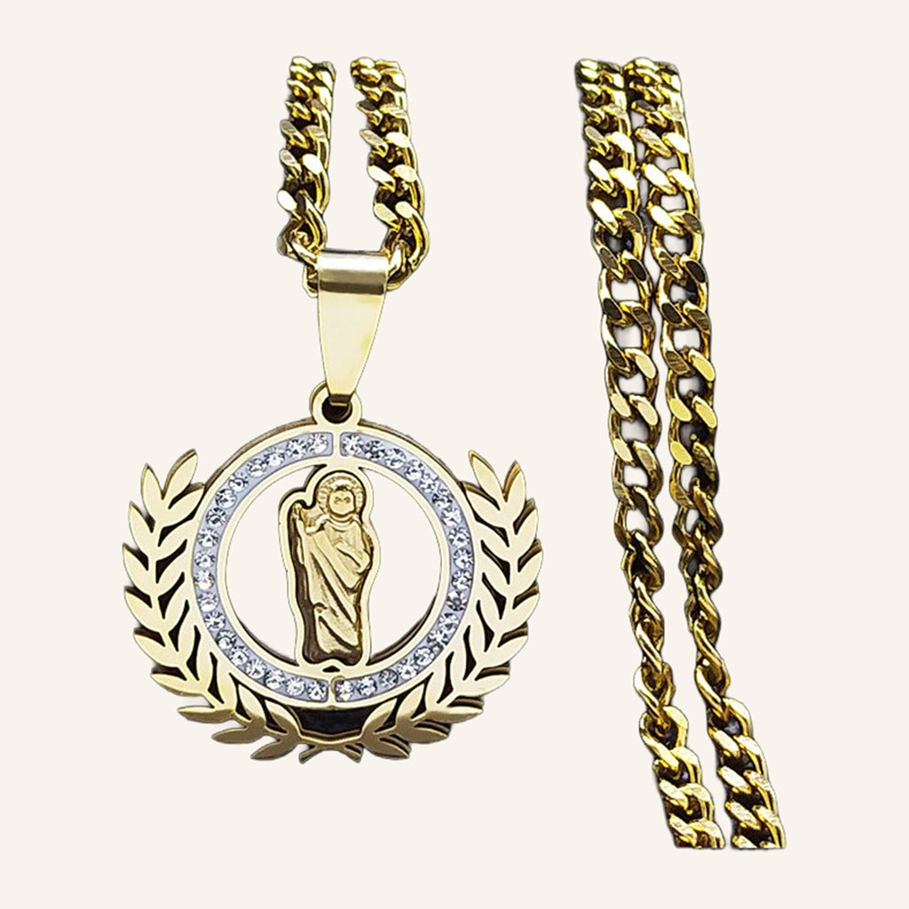San Judas Tadeo Laurel Wreath Necklace – CZ Ring, Cuban Link Chain – 2