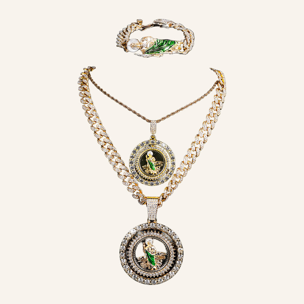 San Judas Tadeo Medal Set – Layered Necklaces & CZ Bracelet