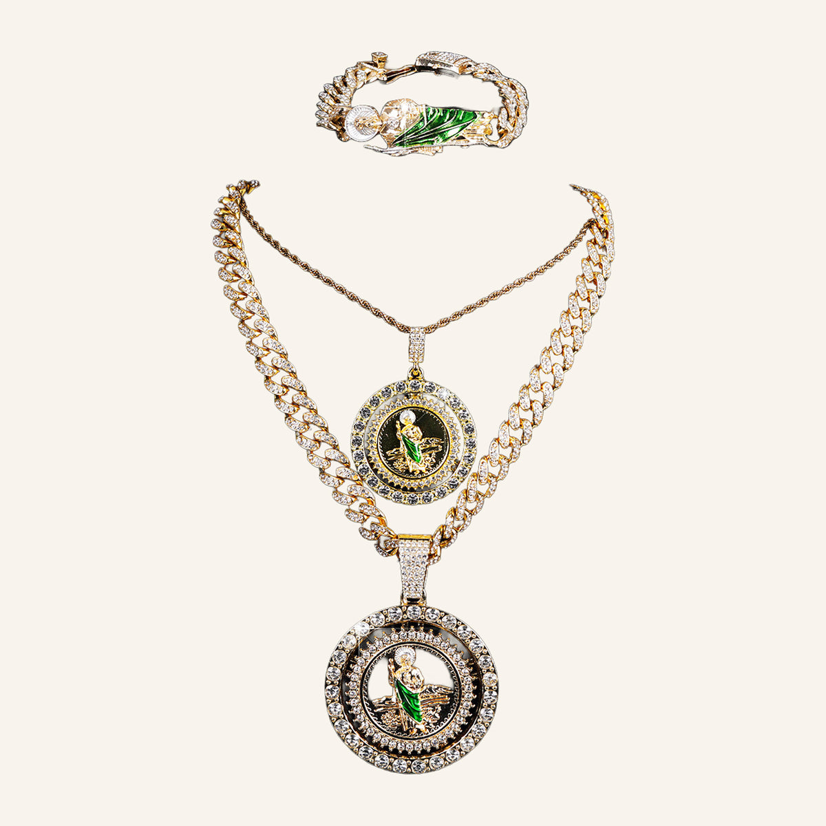 San Judas Tadeo Medal Set – Layered Necklaces & CZ Bracelet