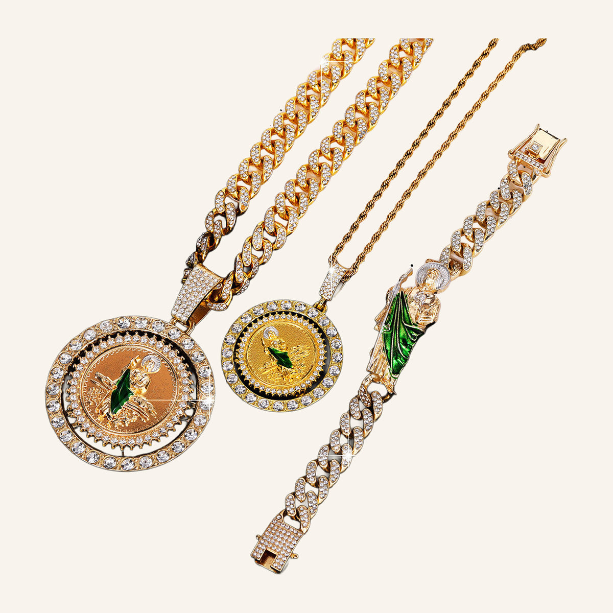 San Judas Tadeo Medal Set – Layered Necklaces & CZ Bracelet – 3