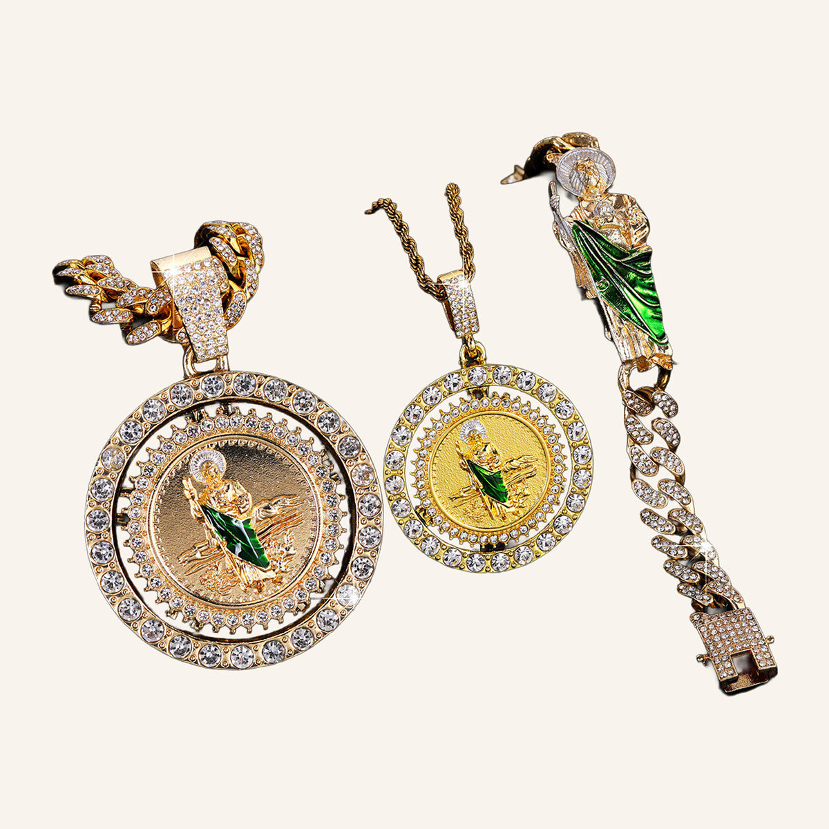 San Judas Tadeo Medal Set – Layered Necklaces & CZ Bracelet – 4