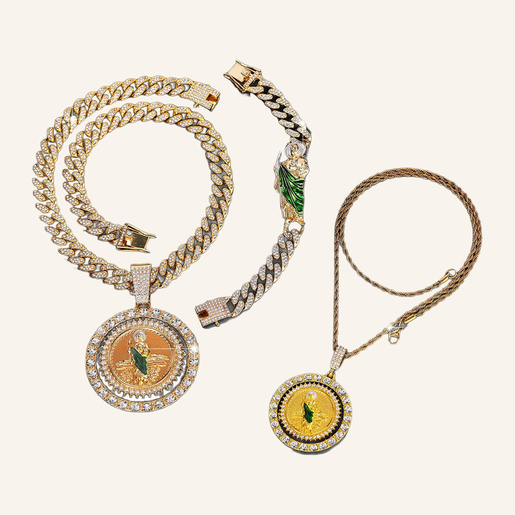 San Judas Tadeo Medal Set – Layered Necklaces & CZ Bracelet – 2