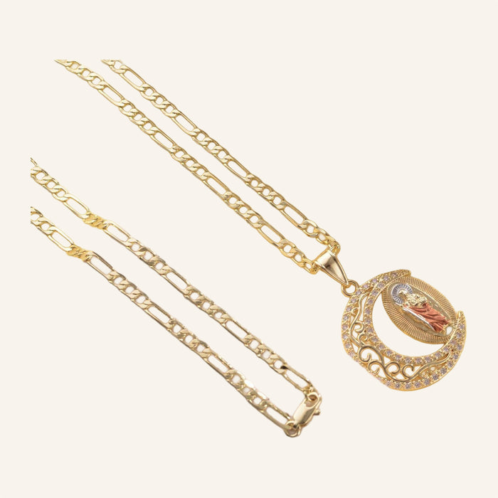 Openwork Medal Necklace – Crescent Frame, Fine Figaro Chain