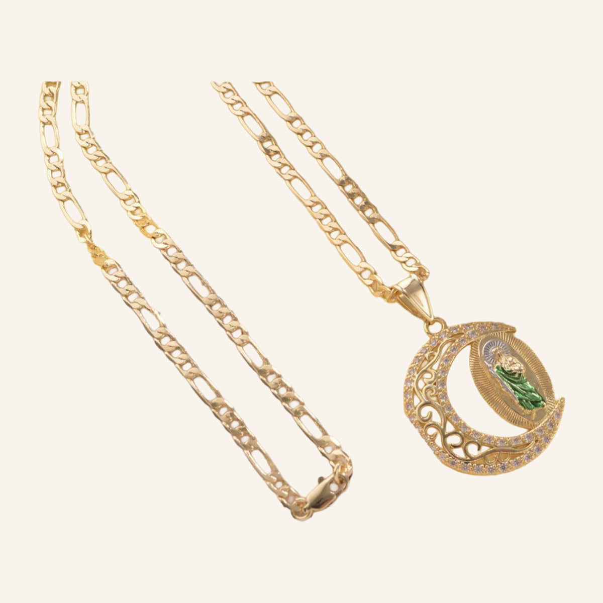 Openwork Medal Necklace – Crescent Frame, Fine Figaro Chain – 2